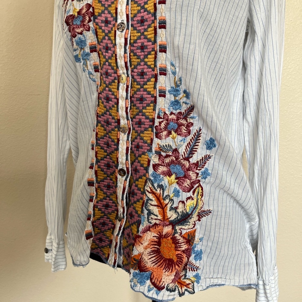 Johnny Was Caila Striped Blouse Floral Embroidery - Picture 4 of 11